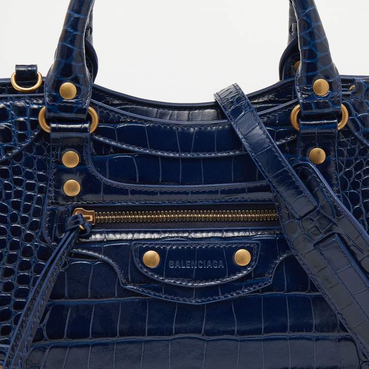 مملوكة مسبقًا Balenciaga Navy Blue Croc Embossed Small Neo Classic City Satchel