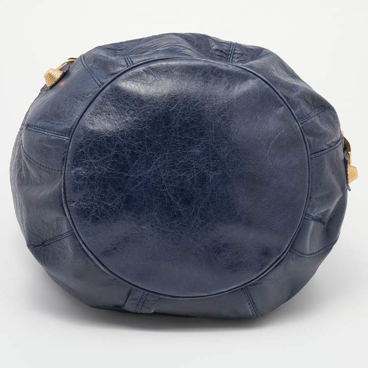 Pre Owned Balenciaga Navy Blue Leather GGH Pompon Hobo