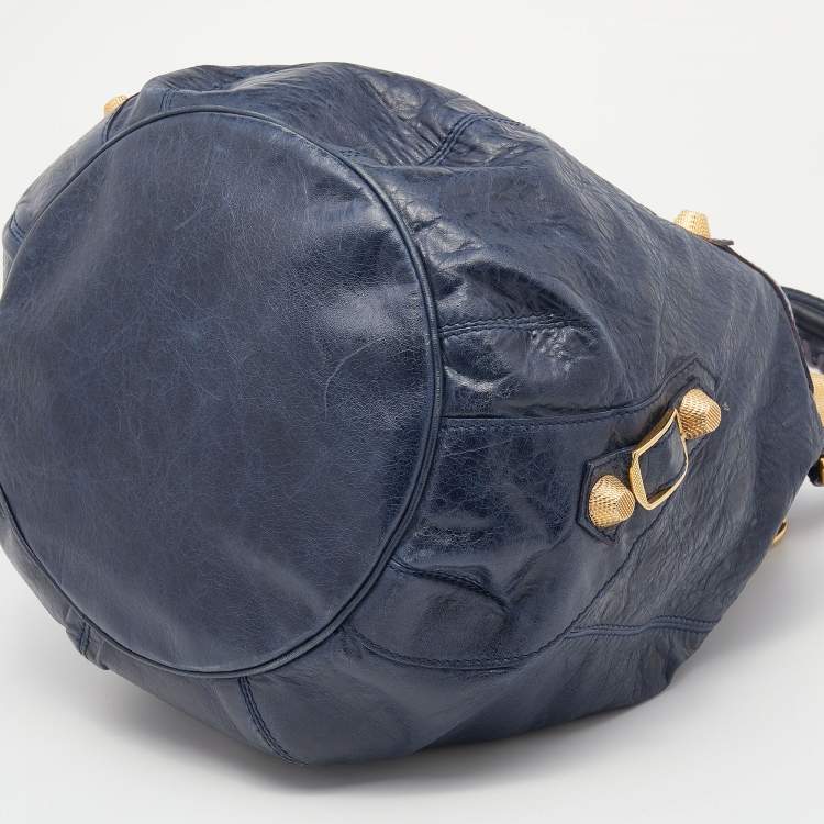 Pre Owned Balenciaga Navy Blue Leather GGH Pompon Hobo