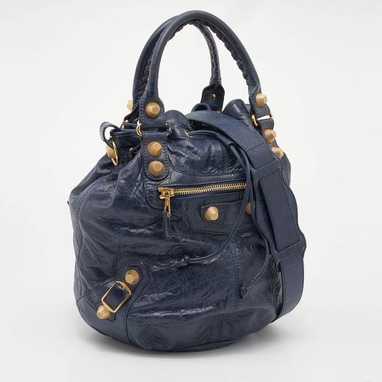 Pre Owned Balenciaga Navy Blue Leather GGH Pompon Hobo