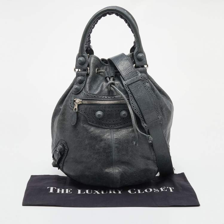 Pre Owned  Balenciaga Grey Leather Giant Brogue Pompon Hobo