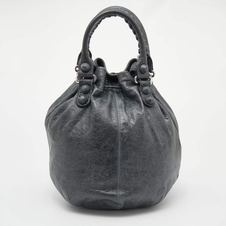Pre Owned  Balenciaga Grey Leather Giant Brogue Pompon Hobo