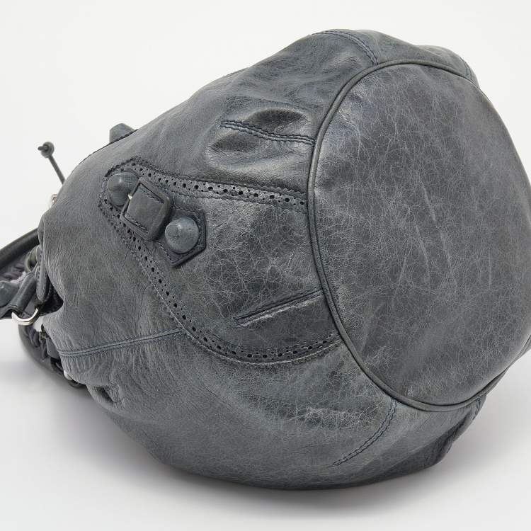 Pre Owned  Balenciaga Grey Leather Giant Brogue Pompon Hobo