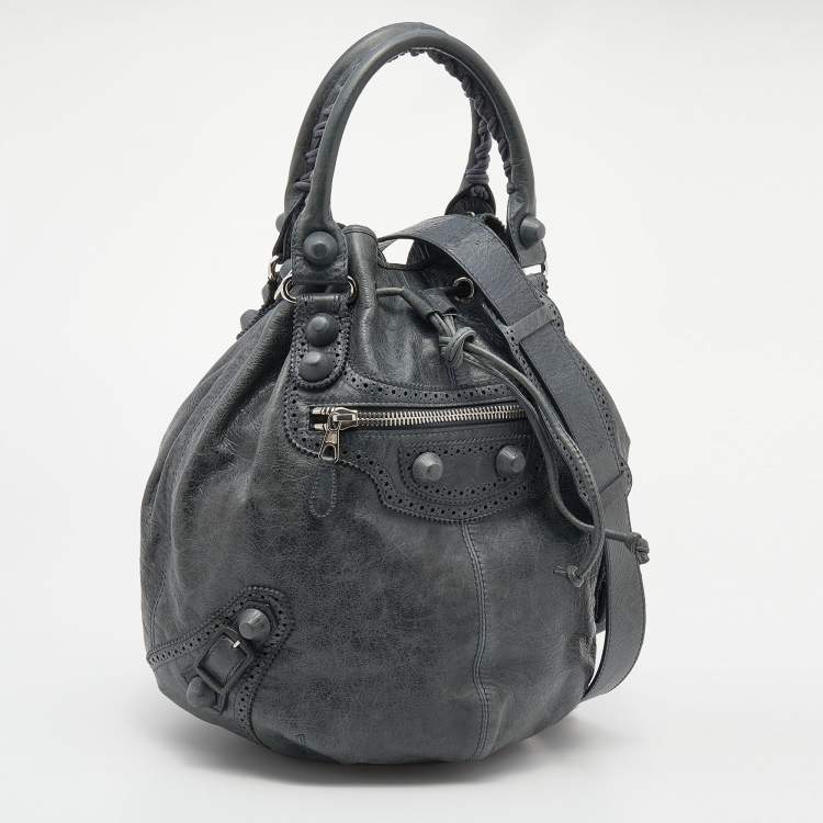 Pre Owned  Balenciaga Grey Leather Giant Brogue Pompon Hobo