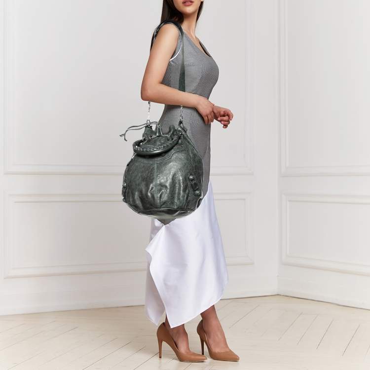 Pre Owned  Balenciaga Grey Leather Giant Brogue Pompon Hobo