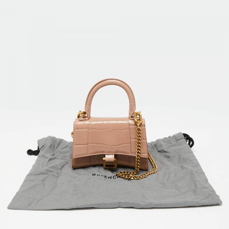 Pre Owned Balenciaga Beige Croc Embossed Leather Mini Chain Hourglass Bag