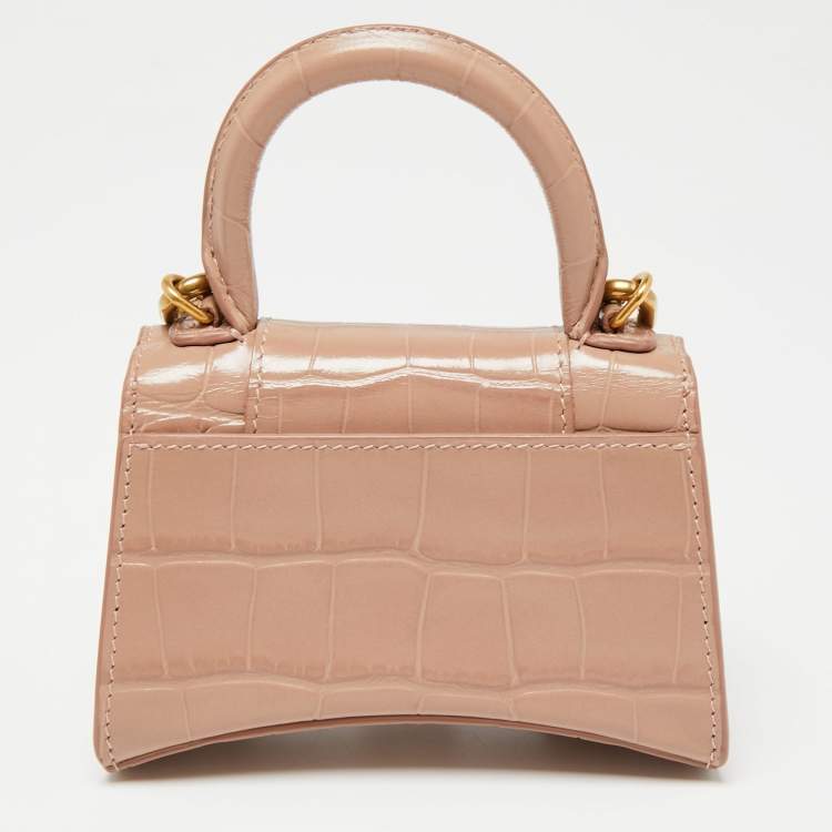 Pre Owned Balenciaga Beige Croc Embossed Leather Mini Chain Hourglass Bag