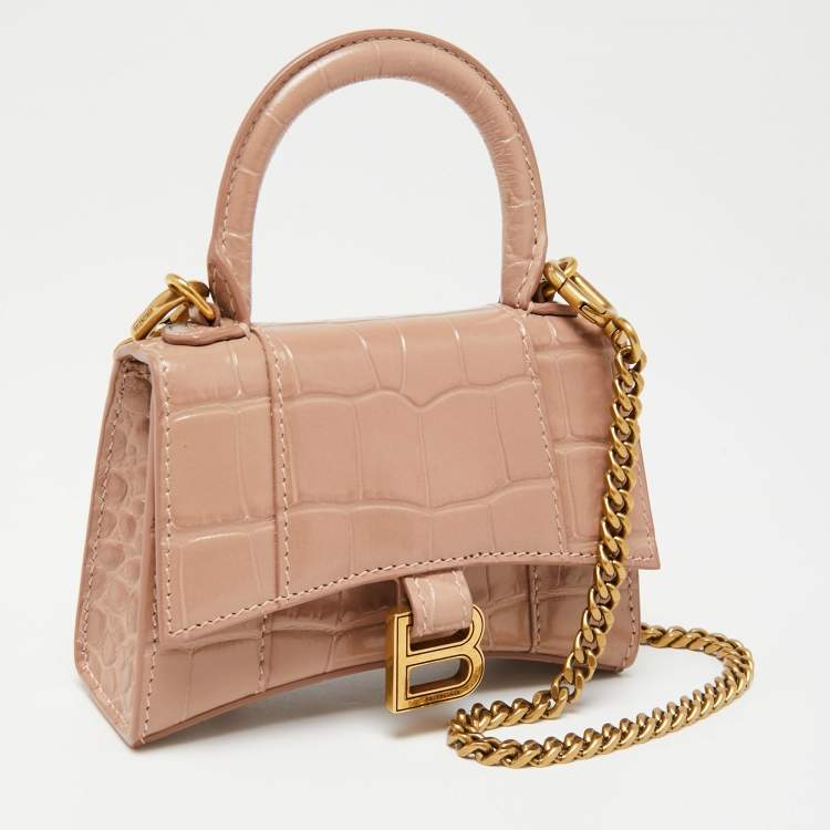 Pre Owned Balenciaga Beige Croc Embossed Leather Mini Chain Hourglass Bag