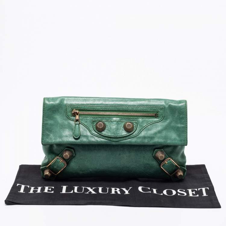Pre Owned Balenciaga Green Leather GGH Envelope Clutch