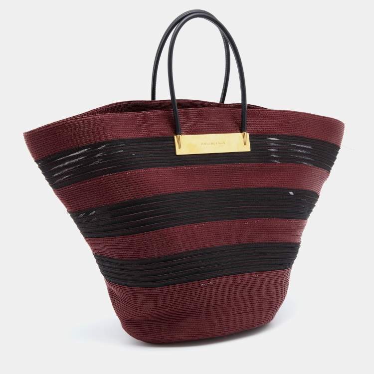 Pre Owned Balenciaga Maroon/Black Raffia Maxi Basket Tote