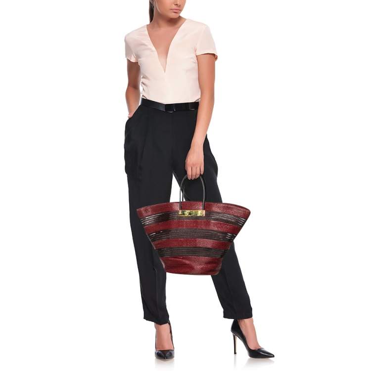 Pre Owned Balenciaga Maroon/Black Raffia Maxi Basket Tote