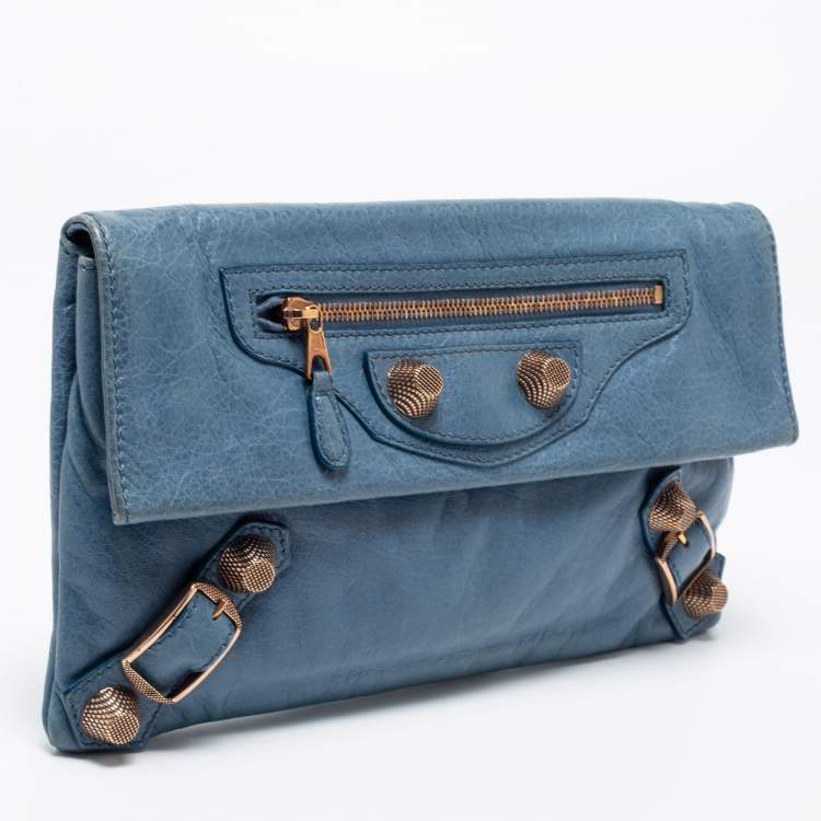 Pre Owned Balenciaga Blue Leather GGH Envelope Clutch 