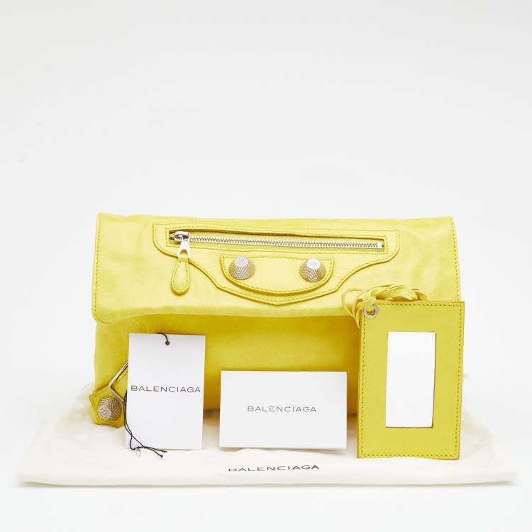Pre Owned Balenciaga Yellow Leather Giant 21 Silver Envelope Clutch