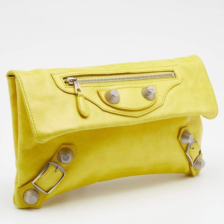 Pre Owned Balenciaga Yellow Leather Giant 21 Silver Envelope Clutch