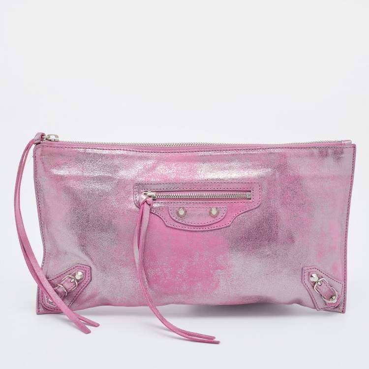 Pre Owned Balenciaga Pink Metallic Leather Milky Way Papier Clutch
