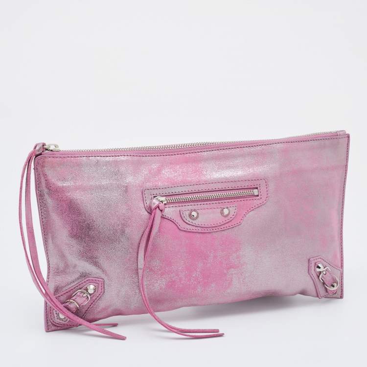 Pre Owned Balenciaga Pink Metallic Leather Milky Way Papier Clutch