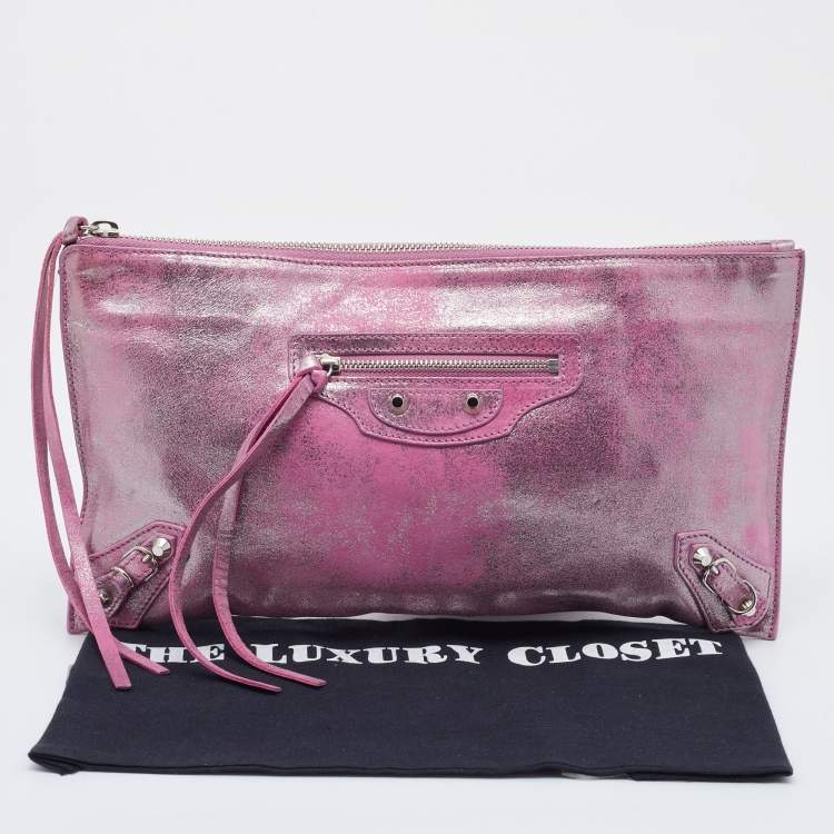 Pre Owned Balenciaga Pink Metallic Leather Milky Way Papier Clutch