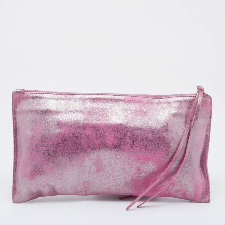 Pre Owned Balenciaga Pink Metallic Leather Milky Way Papier Clutch