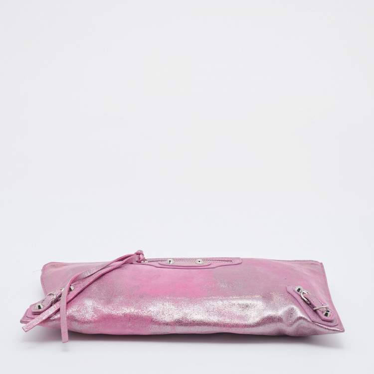 Pre Owned Balenciaga Pink Metallic Leather Milky Way Papier Clutch