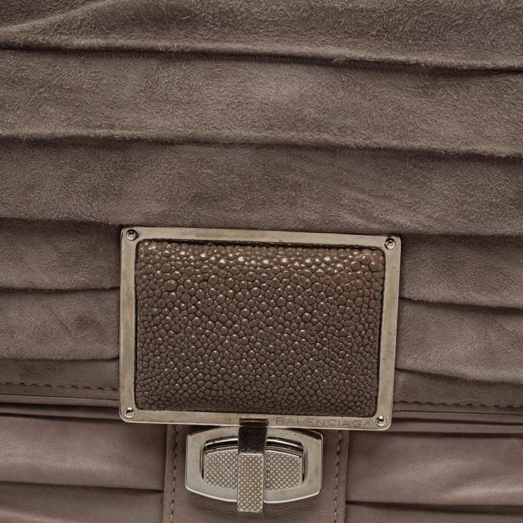 Pre Owned Balenciaga Grey Pleated Leather and Suede Cerche Top Handle Bag 