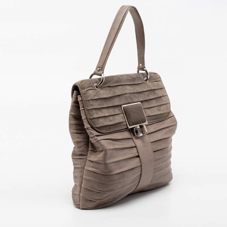 Pre Owned Balenciaga Grey Pleated Leather and Suede Cerche Top Handle Bag 