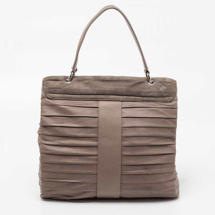 Pre Owned Balenciaga Grey Pleated Leather and Suede Cerche Top Handle Bag 
