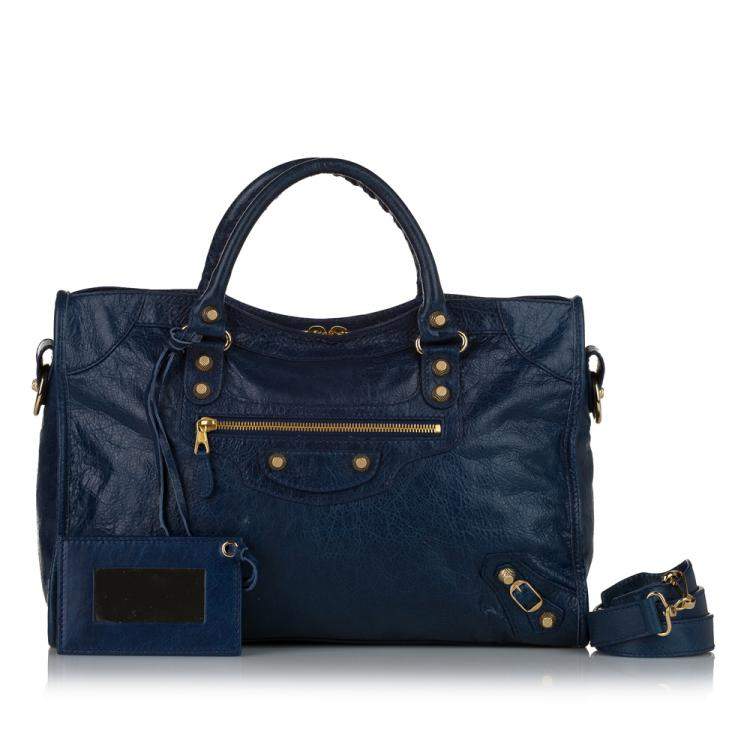 مملوكة مسبقًا Balenciaga Blue Motocross Giant 12 City Lambskin Leather Satchel
