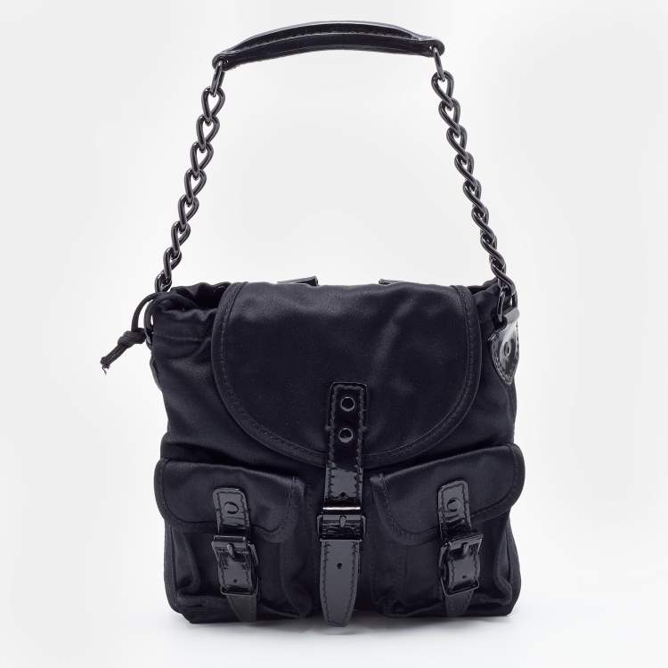 مملوكة مسبقًا Balenciaga Black Satin and Patent Leather Mini Chain Shoulder Bag