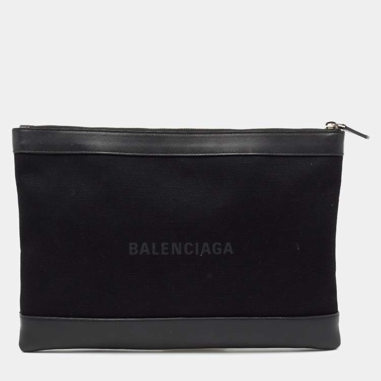 Pre Owned Balenciaga Black Canvas and Leather Medium Navy Clip Pouch