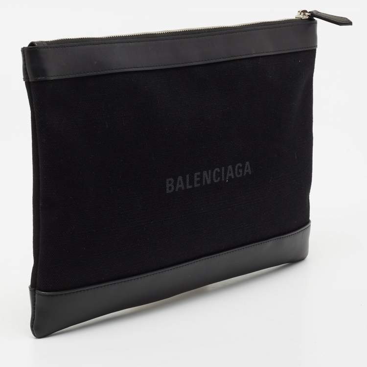 Pre Owned Balenciaga Black Canvas and Leather Medium Navy Clip Pouch
