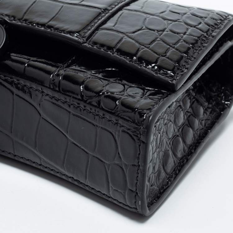 Pre Owned Balenciaga Black Croc Embossed Leather Hourglass Wallet On Chain