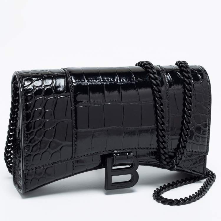 Pre Owned Balenciaga Black Croc Embossed Leather Hourglass Wallet On Chain