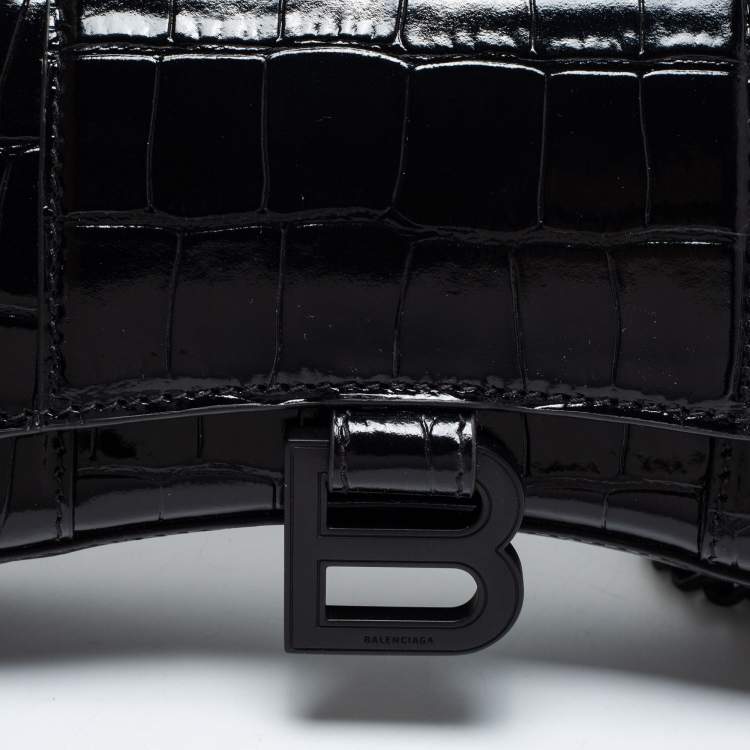 Pre Owned Balenciaga Black Croc Embossed Leather Hourglass Wallet On Chain