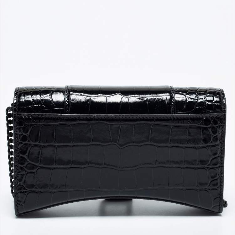 Pre Owned Balenciaga Black Croc Embossed Leather Hourglass Wallet On Chain