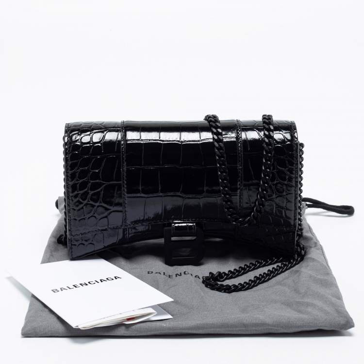 Pre Owned Balenciaga Black Croc Embossed Leather Hourglass Wallet On Chain