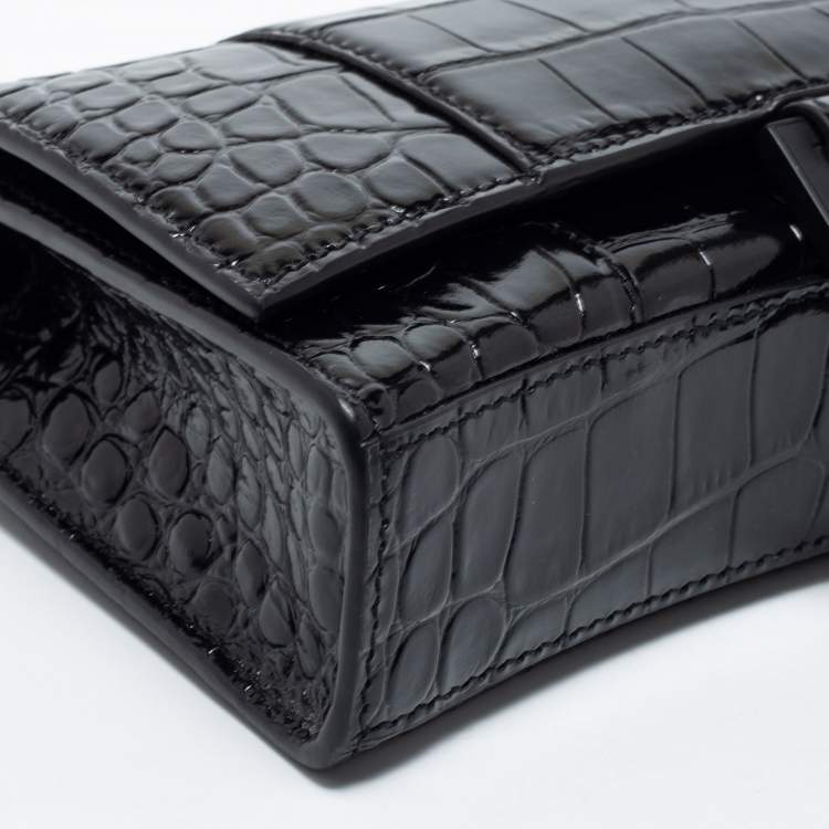 Pre Owned Balenciaga Black Croc Embossed Leather Hourglass Wallet On Chain
