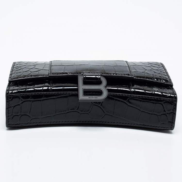 Pre Owned Balenciaga Black Croc Embossed Leather Hourglass Wallet On Chain
