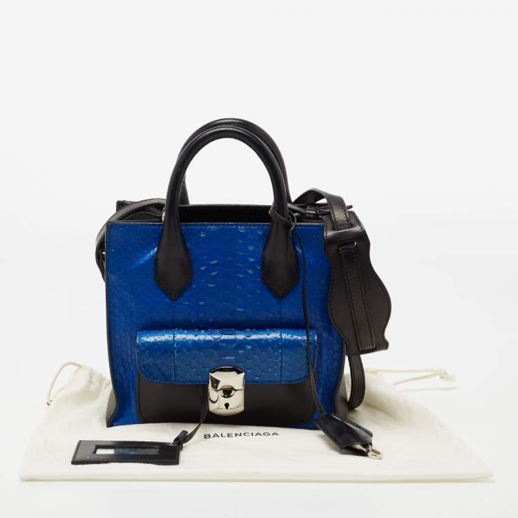 Pre Owned Balenciaga Blue/Black Python and Leather Mini Padlock All Afternoon Tote