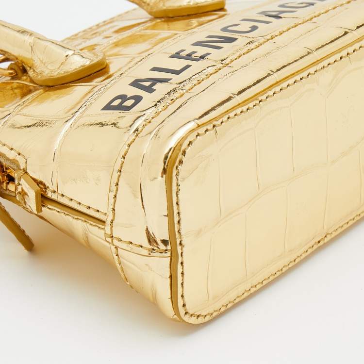 Pre Owned Balenciaga Metallic Gold Croc Embossed Leather Mini Ville Satchel