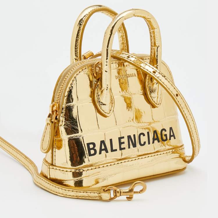 Pre Owned Balenciaga Metallic Gold Croc Embossed Leather Mini Ville Satchel