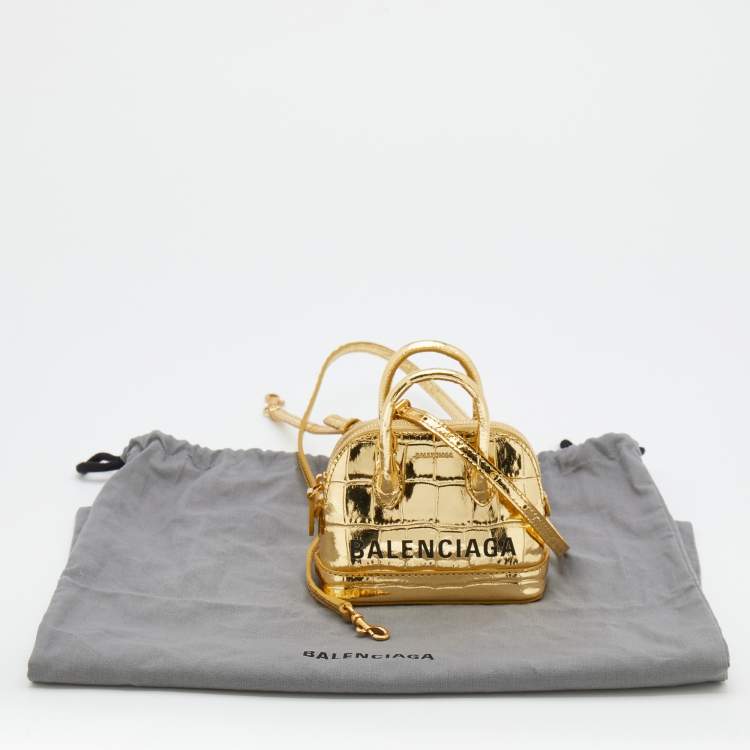 Pre Owned Balenciaga Metallic Gold Croc Embossed Leather Mini Ville Satchel