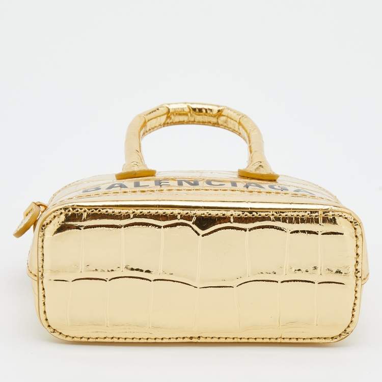 Pre Owned Balenciaga Metallic Gold Croc Embossed Leather Mini Ville Satchel