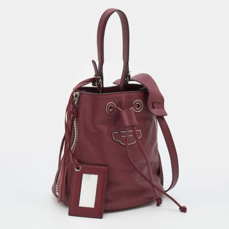 Pre Owned Balenciaga Burgundy Bordeaux Leather Papier Plate Bucket Bag