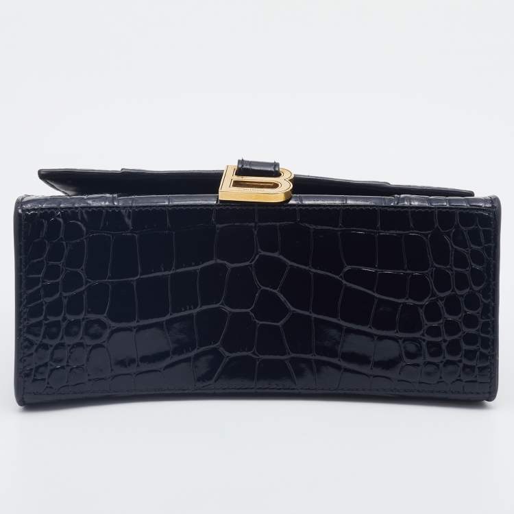 Pre Owned Balenciaga Black Croc Embossed Leather Small Hourglass Box Top Handle Bag