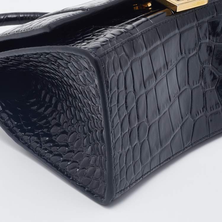 Pre Owned Balenciaga Black Croc Embossed Leather Small Hourglass Box Top Handle Bag