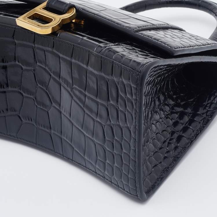 Pre Owned Balenciaga Black Croc Embossed Leather Small Hourglass Box Top Handle Bag