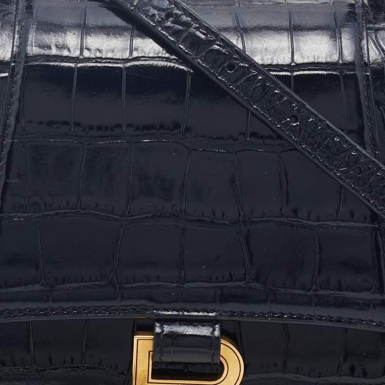 Pre Owned Balenciaga Black Croc Embossed Leather Small Hourglass Box Top Handle Bag