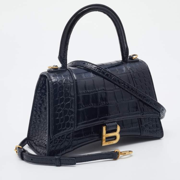 Pre Owned Balenciaga Black Croc Embossed Leather Small Hourglass Box Top Handle Bag