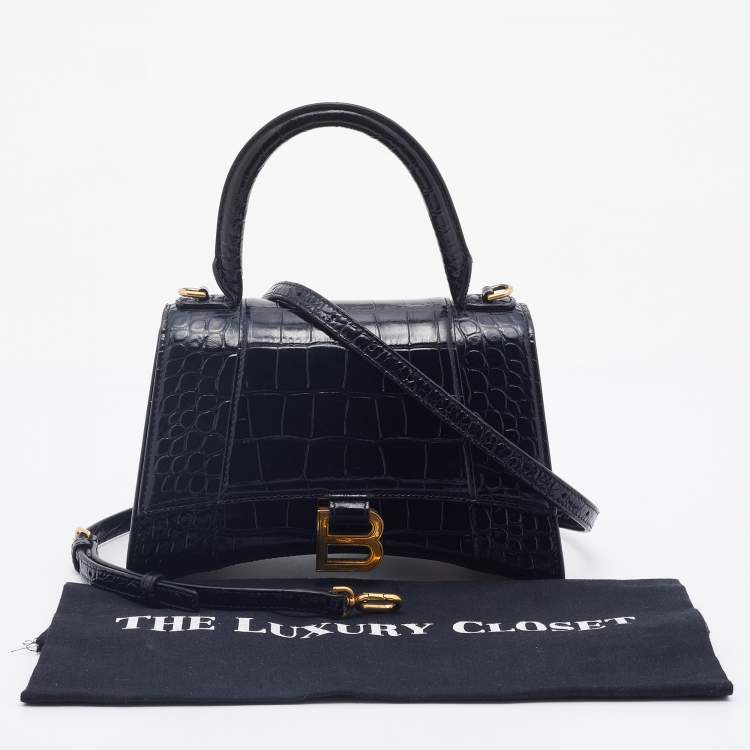 Pre Owned Balenciaga Black Croc Embossed Leather Small Hourglass Box Top Handle Bag