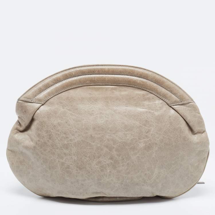 Pre Owned Balenciaga Grey Leather Motorcross Classic Oval Clutch 